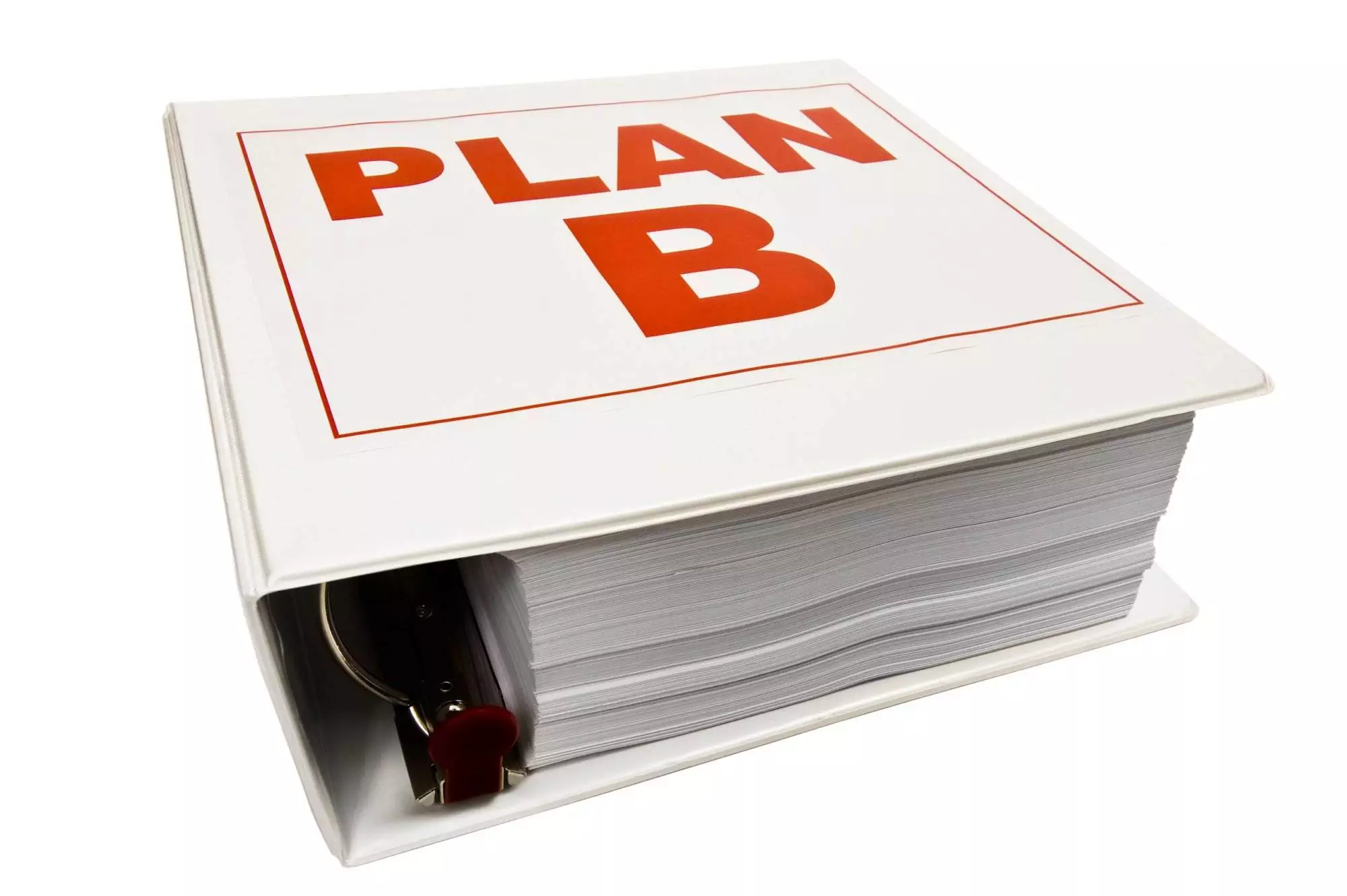Thick binder labeled Plan B with red highlights.