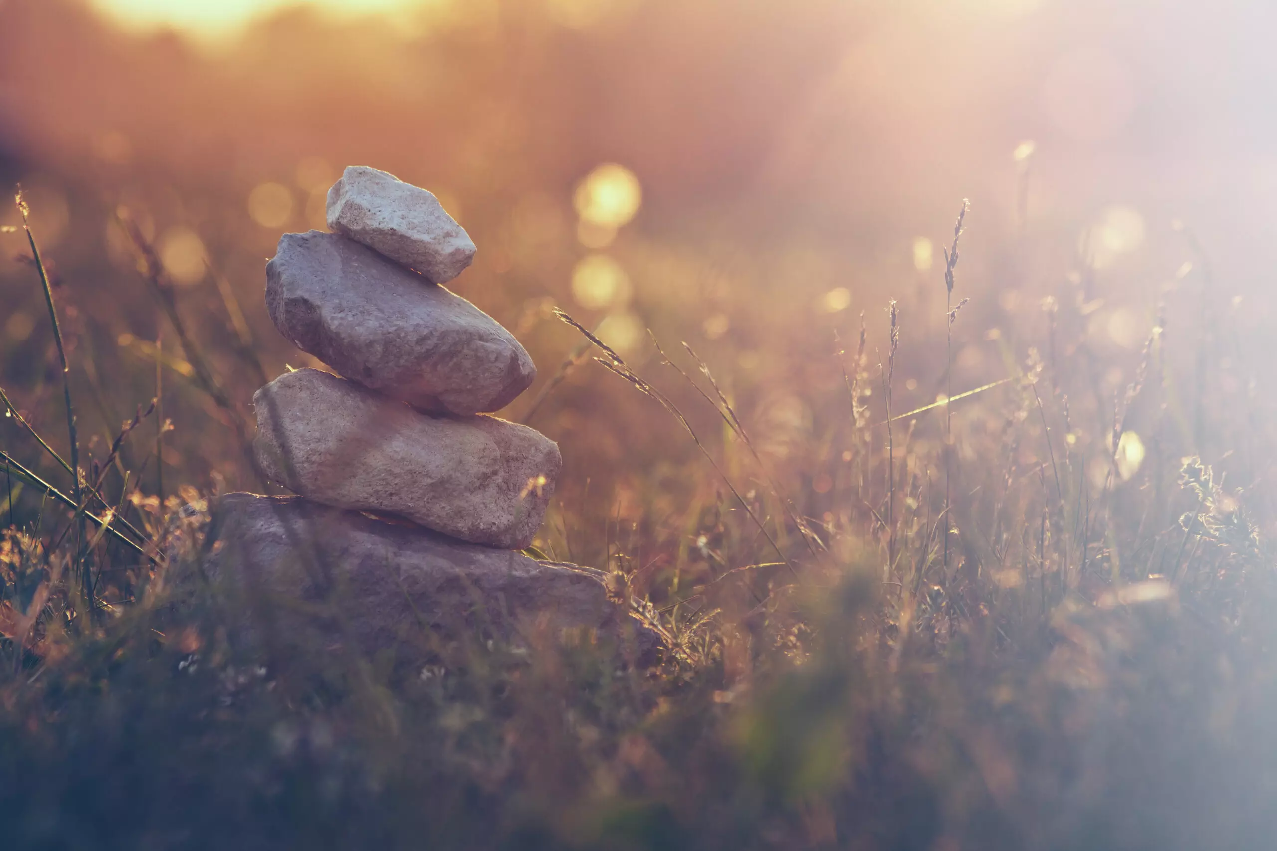 Zen stones stacked in sunset meadow.